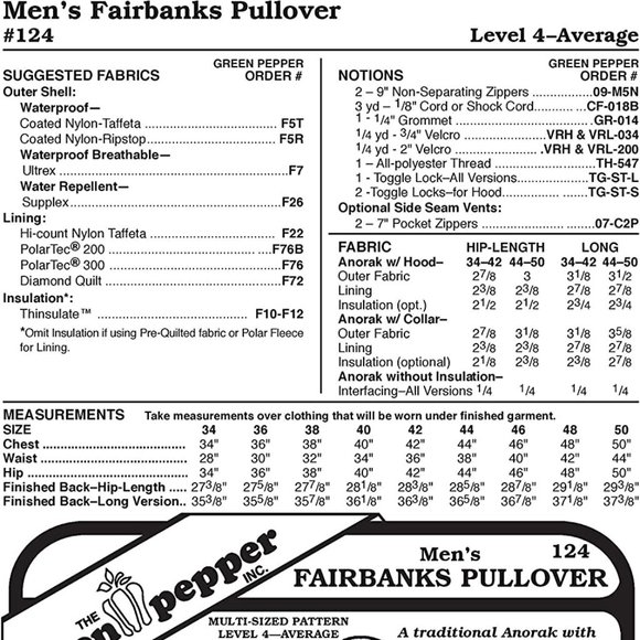 Men's Fairbanks Pullover Coat Jacket #124 Sewing Pattern Size 34-50 - Picture 2 of 2